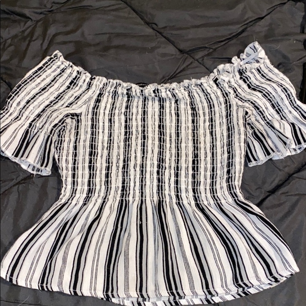 A cropped off the shoulder striped shirt